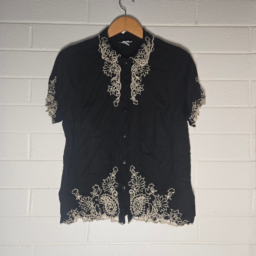 Vtg Studio‎ 1940 Button Shirt Large Black Embroidered Rayon Short Sleeve Resort